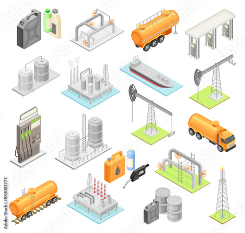 Oil Petroleum Industry as Fuel Extraction Isometric Vector Set