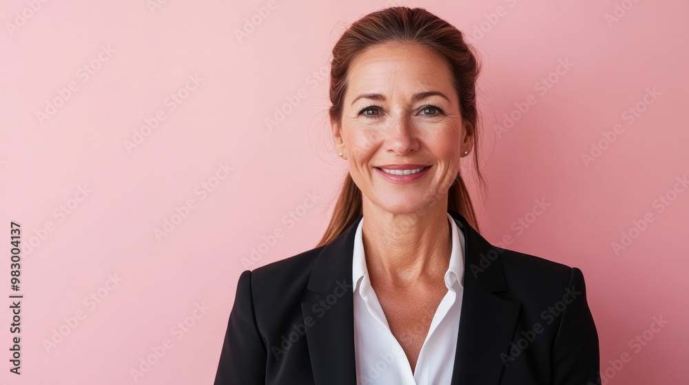 A middle-aged woman with a ponytail wears professional attire and smiles confidently while posing against a soft pastel backdrop. The atmosphere is warm and inviting A middle-aged woman with a ponytail wears professional attire and smiles confidently while posing against a soft pastel backdrop. The atmosphere is warm and inviting