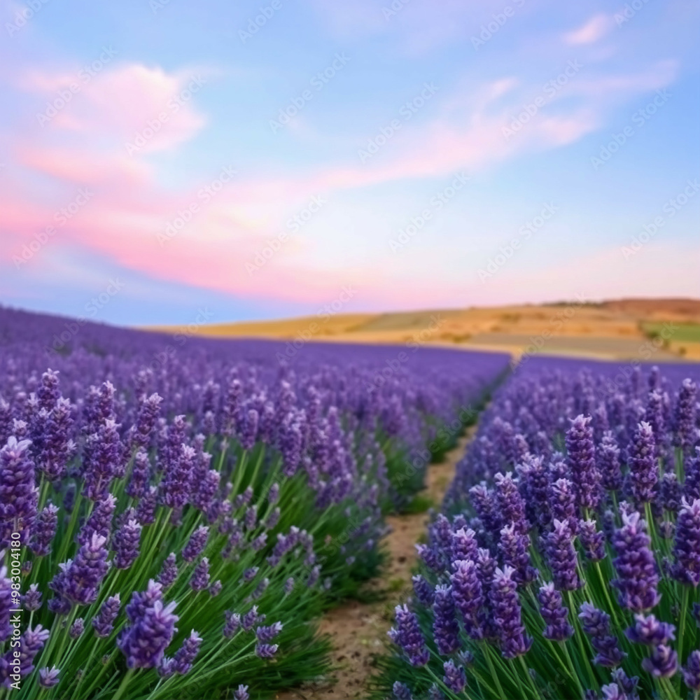 Obraz premium Um campo de lavanda com por do sol