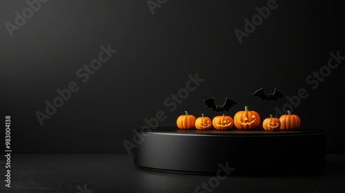 The setup showcases a sleek black podium adorned with Halloween-themed decorations, including carved pumpkins and bat accents, creating a festive atmosphere