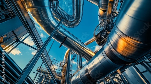 This industrial setting showcases an extensive network of sleek metallic pipes and machinery engineered for capturing and storing carbon emissions, emphasizing modern technology in sustainability photo