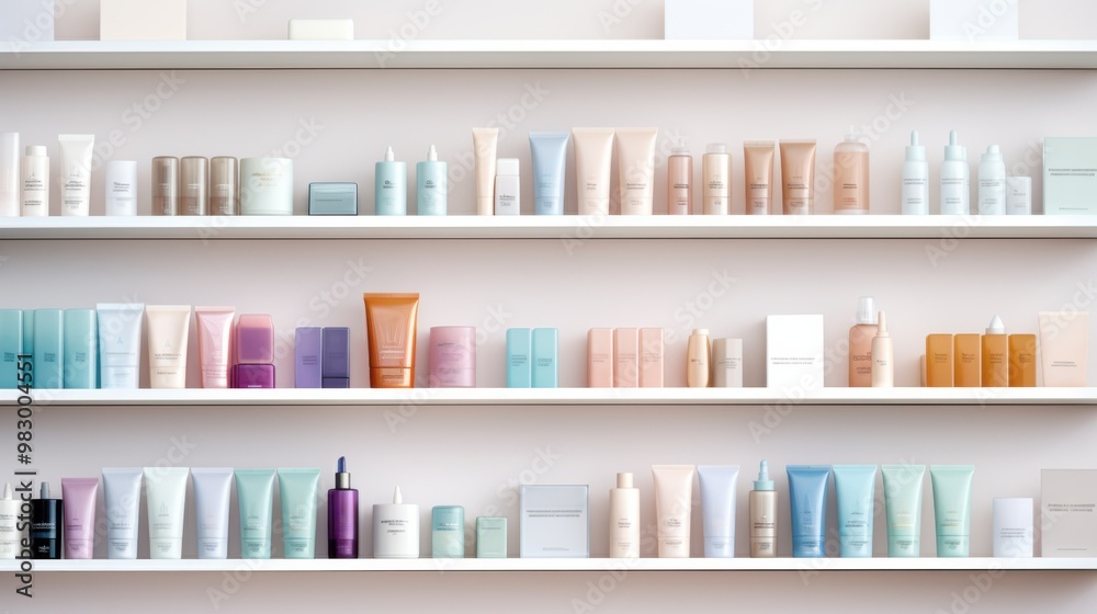Shelves filled with neatly arranged skincare and cosmetic products in pastel-colored packaging, creating a serene and organized display. Shelves filled with neatly arranged skincare and cosmetic products in pastel-colored packaging, creating a serene and organized display.