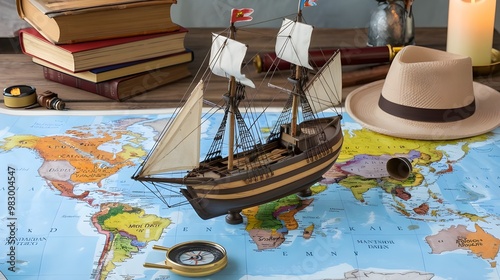 An old sailing ship model placed on a world map. The ship has a white hull and brown sails, and it is placed near the equator.The map has many countries and their respective borders.