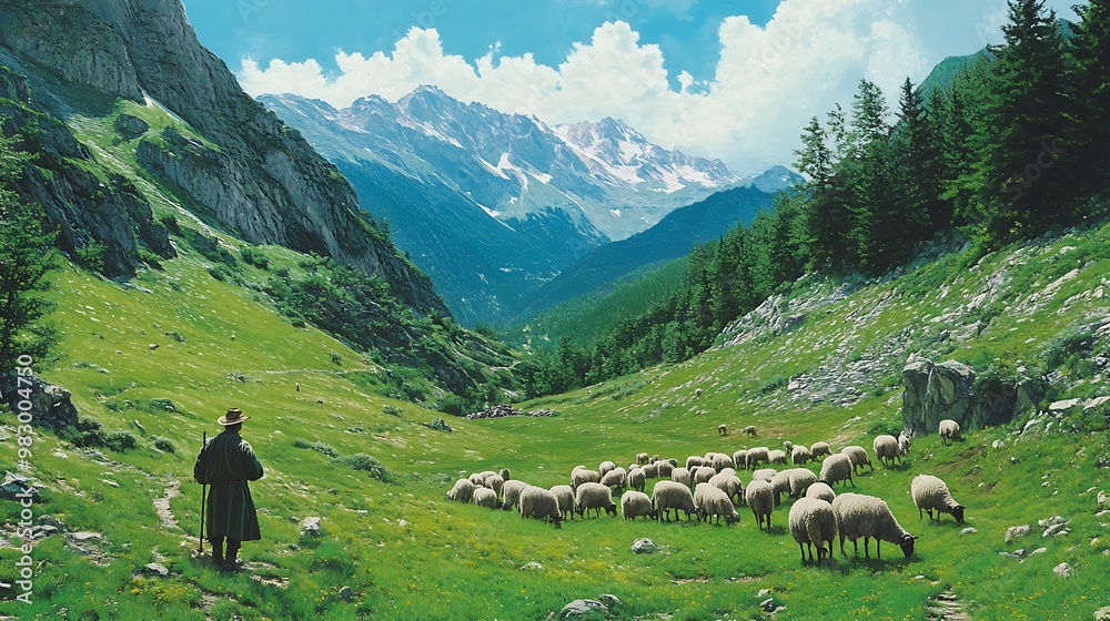 A serene scene of sheep grazing calmly in a wide pasture
A serene scene of sheep grazing calmly in a wide pasture