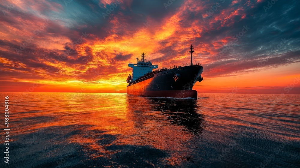 A large cargo vessel navigates serene waters as the sky transforms into a canvas of colors during a captivating sunset, reflecting light off the ocean surface A large cargo vessel navigates serene waters as the sky transforms into a canvas of colors during a captivating sunset, reflecting light off the ocean surface