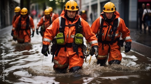 Rescue workers in orange suits wade through floodwaters, showcasing teamwork and determination amidst a challenging emergency situation.