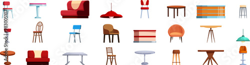 Retro cafe furniture icons set. This vector collection features various cafe furniture elements, perfect for designers creating welcoming and stylish restaurant interiors