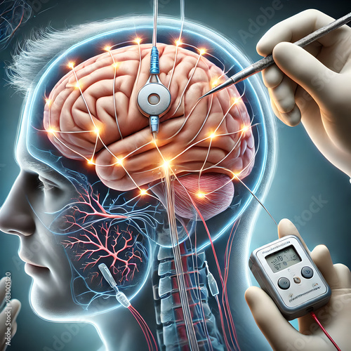 Brain anatomy: illustrating deep brain stimulation (DBS) therapy for a Parkinson’s patient. surgeon implanting electrodes into patient's brain, targeting specific areas like subthalamic nucleus. photo