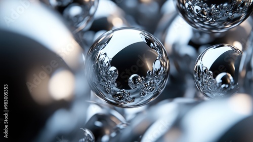 Metallic 3D spheres gently colliding in space, reflecting light and casting shadows.