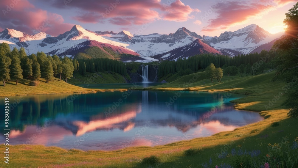 Obraz premium breathtakingly realistic 8k landscape featuring a serene mountain range at sunrise