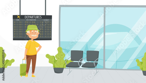 Senior Man Character with Suitcase Travel at Airport Vector Illustration