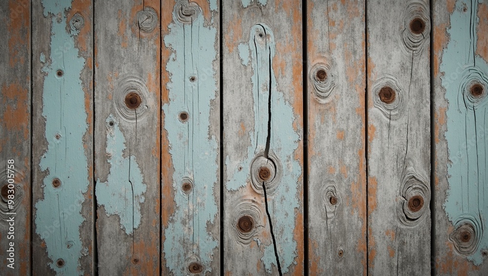Weathered distressed wood texture with deep grain lines and faded paint giving it an antique look Weathered distressed wood texture with deep grain lines and faded paint giving it an antique look