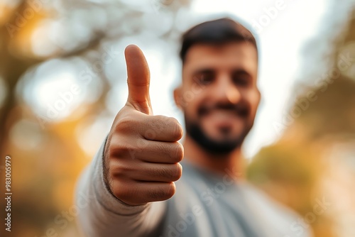 Young man showing thumbs up sign in nature