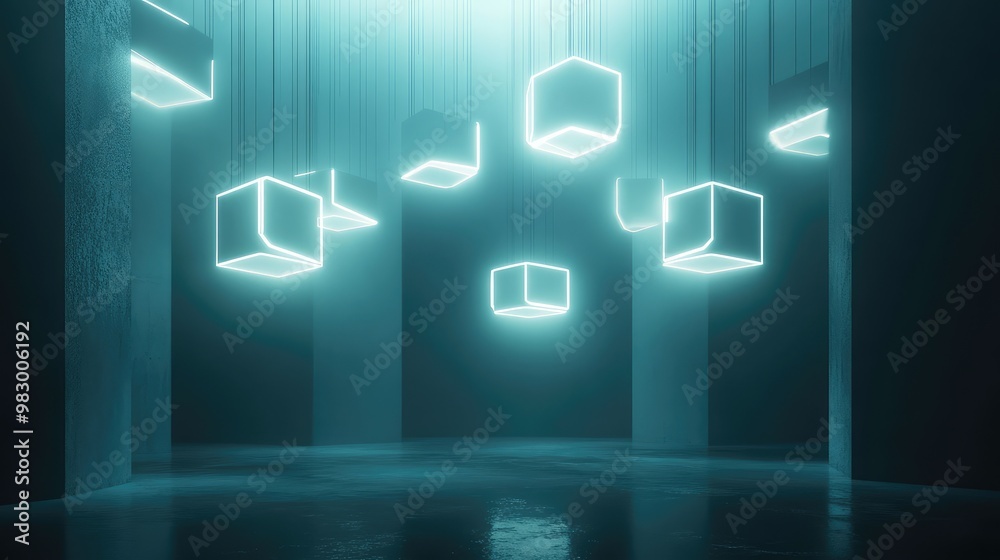 Suspended 3D hexagonal prisms with glowing edges, floating in a minimalist space. Suspended 3D hexagonal prisms with glowing edges, floating in a minimalist space.