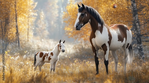 A pinto mare stands in a field in autumn with her foal by her side. photo