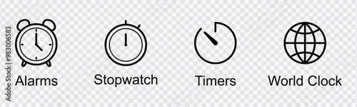 "Alarm, stopwatch, timer, and world clock icons for time management and global tracking."