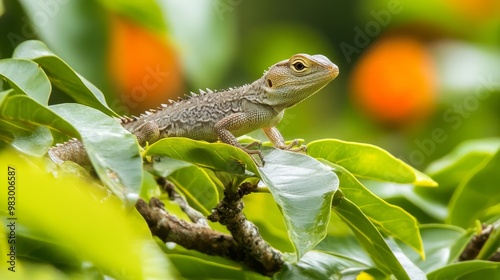 A small lizard, often called an Oriental Garden lizard, was calmly resting on the leafy branches of a tree. photo