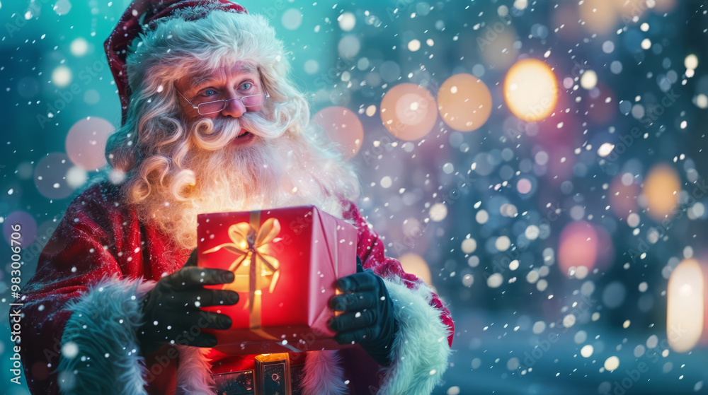Futuristic Santa Claus Holding a Glowing Gift Box in a Magical Snowy Setting Futuristic Santa Claus Holding a Glowing Gift Box in a Magical Snowy Setting