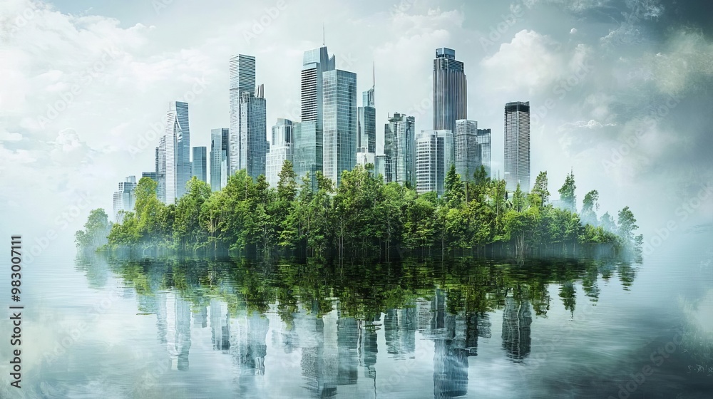 Conceptual image of a city skyline merging with a forest, urban nature, eco-friendly architecture Conceptual image of a city skyline merging with a forest, urban nature, eco-friendly architecture