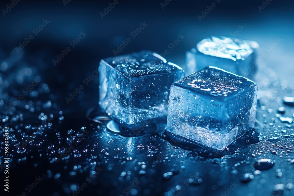 Three ice cubes on a dark background with water droplets. Three ice cubes on a dark background with water droplets.