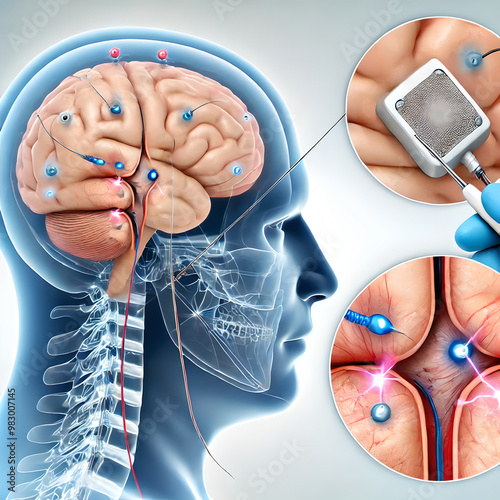 Brain anatomy: illustrating deep brain stimulation (DBS) therapy for a Parkinson’s patient. surgeon implanting electrodes into patient's brain, targeting specific areas like subthalamic nucleus. photo