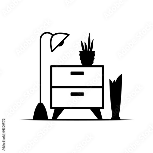 Bedside table icon. Interior. Black outline linear silhouette. Editable strokes. Front view. Vector simple flat graphic illustration. Isolated object on white background. Isolate.