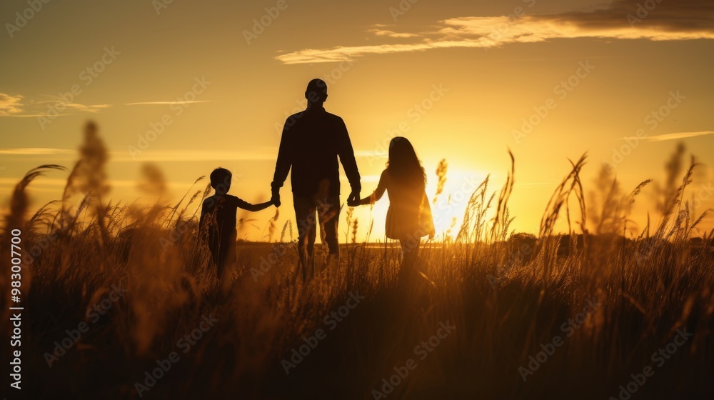 A silhouette of a family holding hands, walking through a field at sunset, symbolizing unity, warmth, and togetherness. A silhouette of a family holding hands, walking through a field at sunset, symbolizing unity, warmth, and togetherness.