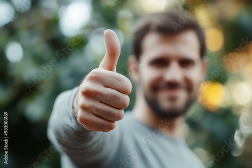 Man giving thumbs up with blurred background