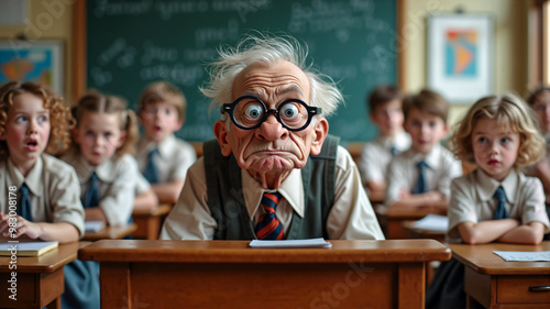Eccentric elderly teacher captivates curious students in a moment of surprise.
