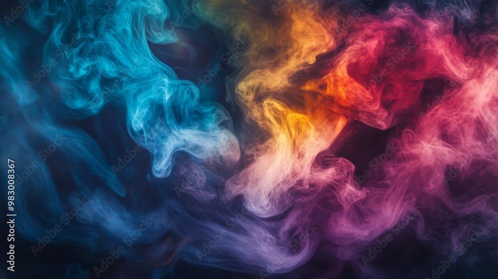 Obraz premium A swirling mix of vibrant colors dances on a black backdrop. The colors look like smoke, blending and shimmering, creating an abstract and magical scene.
