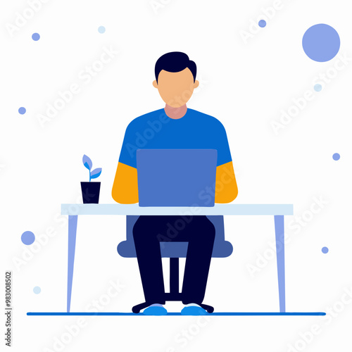 A man is sitting at a desk with a laptop and a potted plant. Concept of productivity and focus, as the man is likely working on a task or project