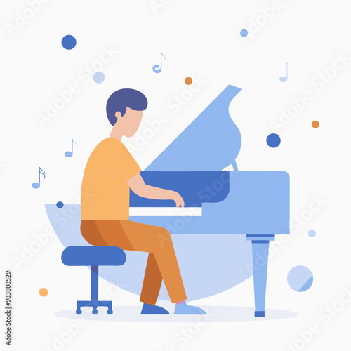 A man is playing the piano with a blue background. The piano is open and the man is sitting on a chair