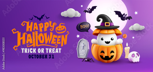 Halloween poster or banner template with a cute ghost inside a Pumpkin Jack-O'-Lantern,Witch Hat, bats,tombstone and spooky decorations.Ideal for Trick or Treat events,October 31st celebrations