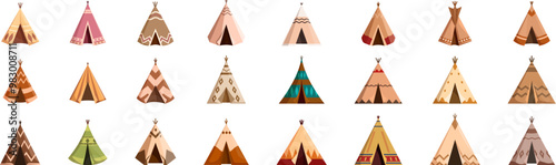 Teepee tent icons set. Set of different native american teepees with ethnic ornament having traditional shape for living outside