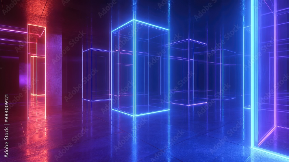 A floating 3D maze of neon-lit glass walls, creating a futuristic environment. A floating 3D maze of neon-lit glass walls, creating a futuristic environment.