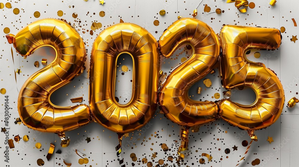 Foil balloons in shape of 2025, New year concept. Foil balloons in shape of 2025, New year concept.