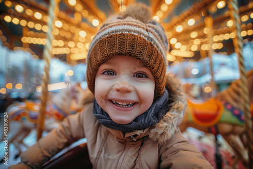 Happy boy smiling on a carousel ride