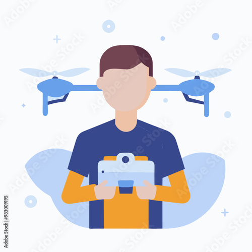 A man is holding a remote control and a tablet, and he is wearing a blue shirt. Concept of excitement and adventure, as the man is likely controlling a drone or other type of remote-controlled device