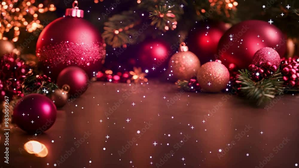 Bright Christmas Background with Dark Pink Toys and Starry Tree Branches Bright Christmas Background with Dark Pink Toys and Starry Tree Branches