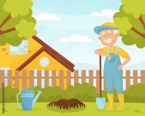 Senior Man Character Gardening Work in Yard with Shovel Vector Illustration
