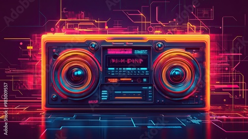 A colorful boombox with a neon orange and purple design.The boombox is surrounded by a colorful background with a lot of lines and shapes.