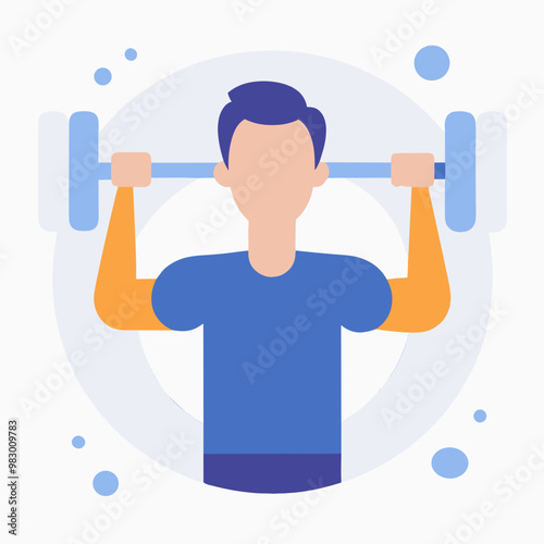 A man is lifting a weight with a blue shirt on. He is wearing an orange sleeve. The man is lifting the weight with a determined look on his face