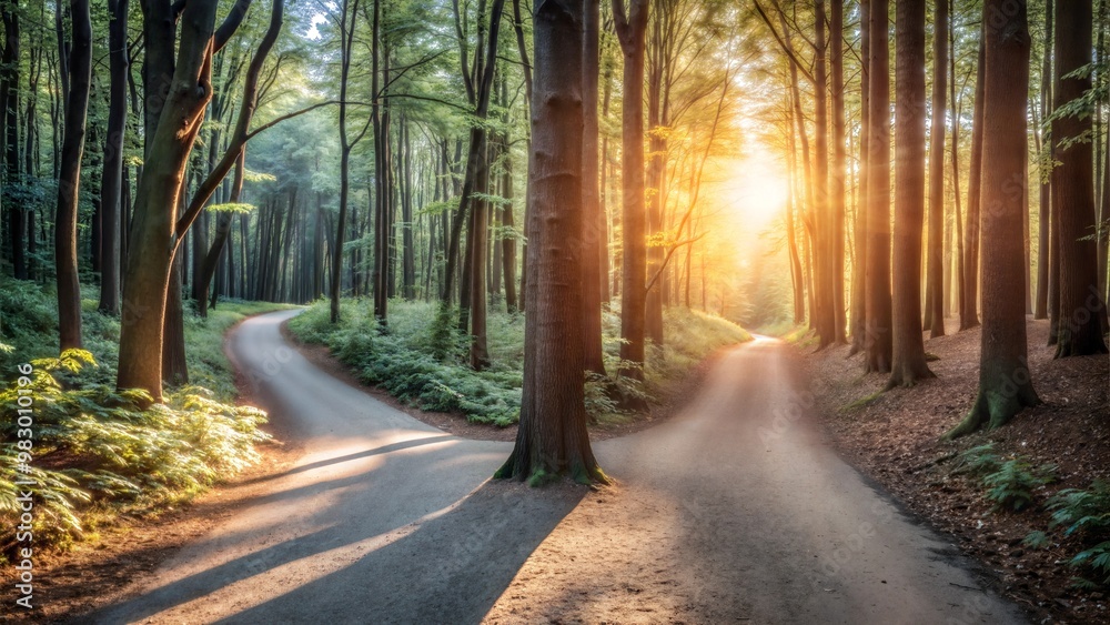 Fototapeta premium A path diverging in a dense forest, one side dark and the other bathed in golden sunlight, illustrating the choice of opportunity