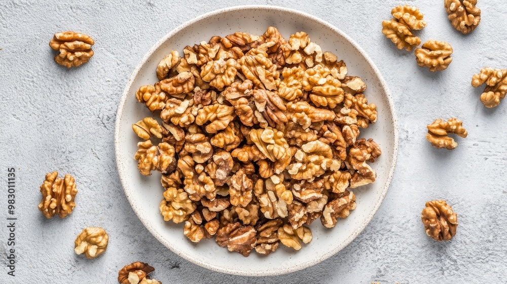 A white plate piled high with walnut pieces, with whole walnuts scattered around the edge. A white plate piled high with walnut pieces, with whole walnuts scattered around the edge.