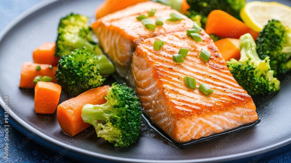A delicious grilled salmon fillet served with vibrant broccoli and carrots on a stylish plate, perfect for healthy meals. A delicious grilled salmon fillet served with vibrant broccoli and carrots on a stylish plate, perfect for healthy meals.