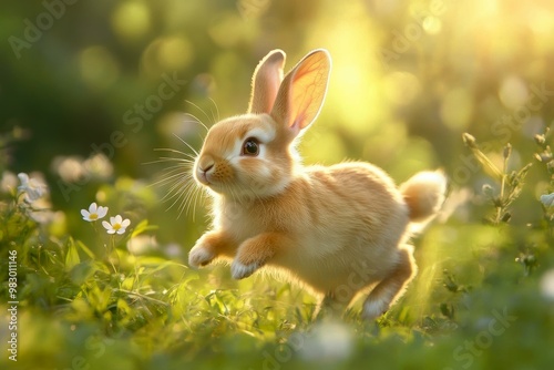 A cute, fluffy rabbit hops through a sunlit meadow adorned with blooming flowers, capturing a moment of playful innocence in nature