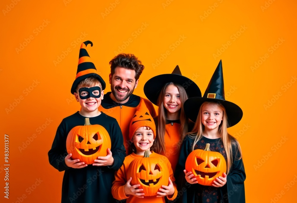 Fototapeta premium Happy family, father, mother and children in costumes and makeup of Halloween on color background