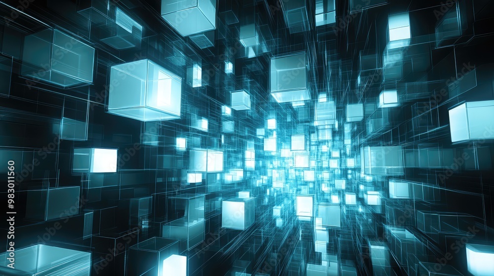 A glowing 3D grid of cubes suspended in a dark, futuristic room. A glowing 3D grid of cubes suspended in a dark, futuristic room.