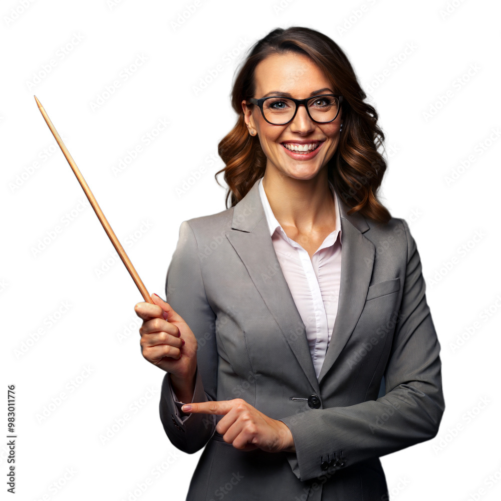 Female teacher with glasses holding a pointer, smiling confidently on a transparent background Female teacher with glasses holding a pointer, smiling confidently on a transparent background