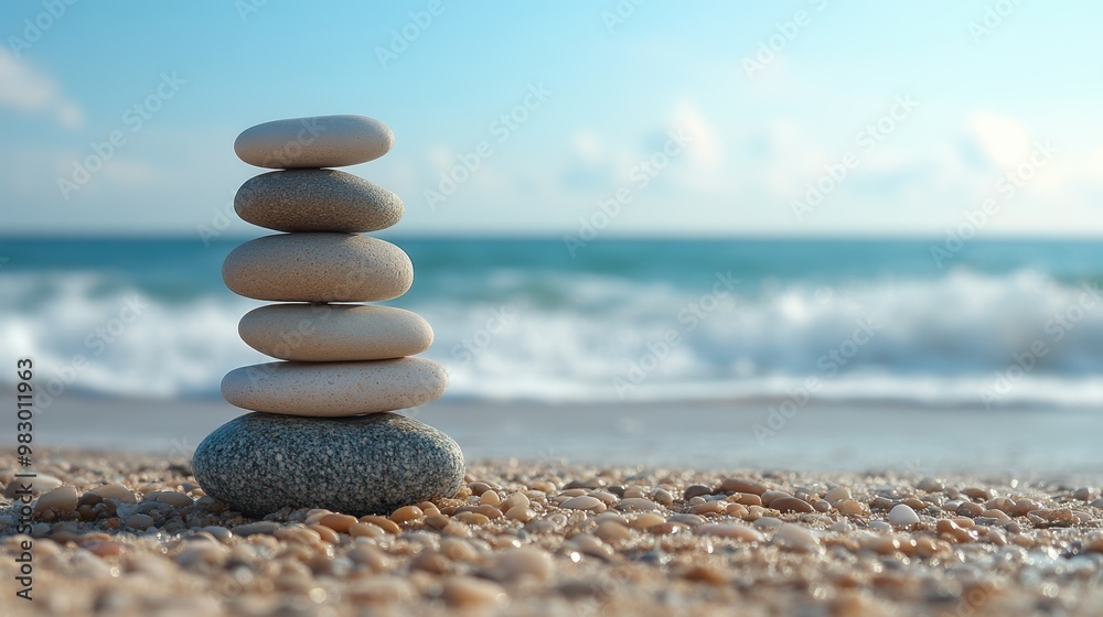 Fototapeta premium A tranquil beach scene featuring a carefully balanced stack of smooth stones on a sandy shore, with gentle ocean waves and a clear blue sky in the background